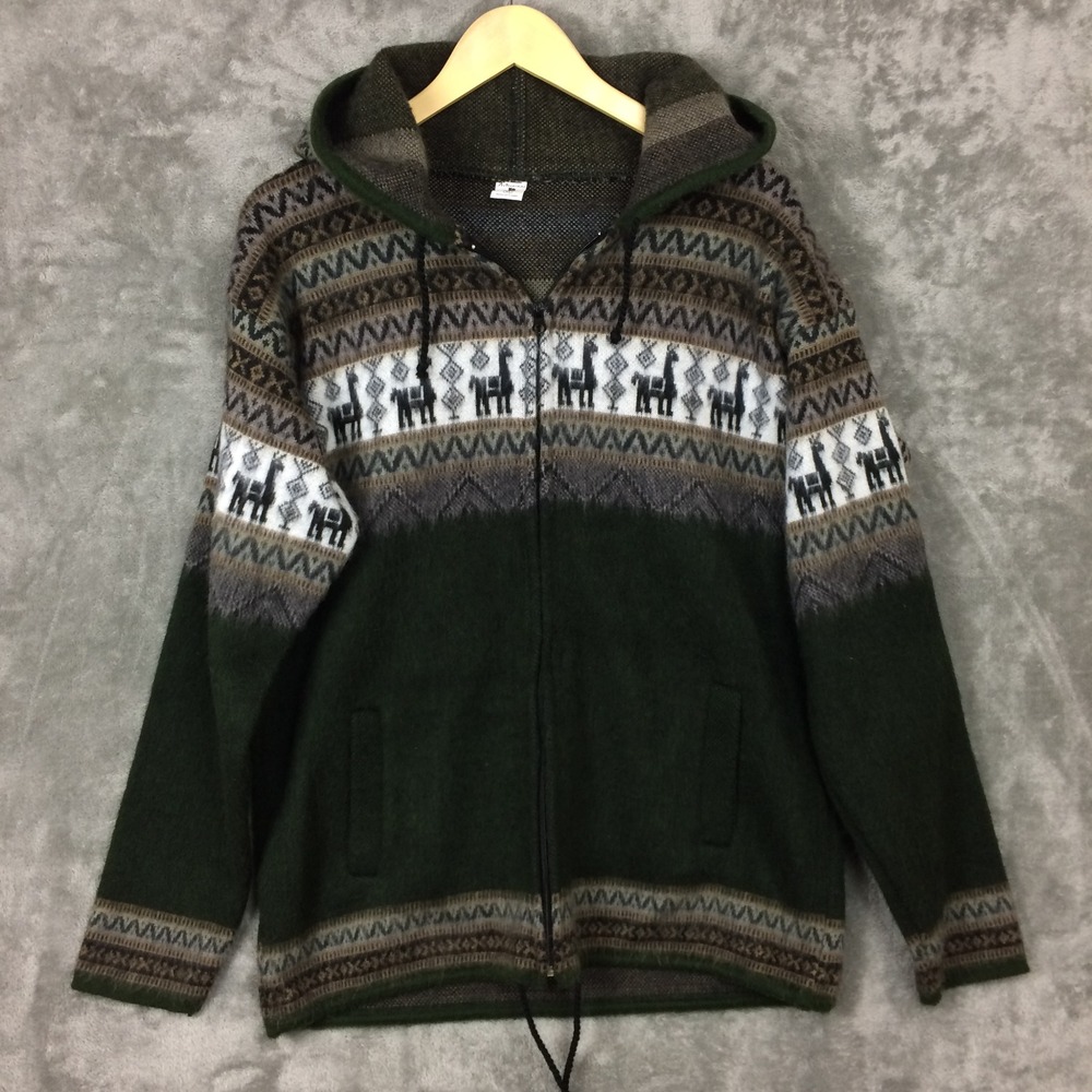 Artesanias Zip Up Hoodie Women XL Alpaca Llama Fair Isle Knit Ecuador Sweater